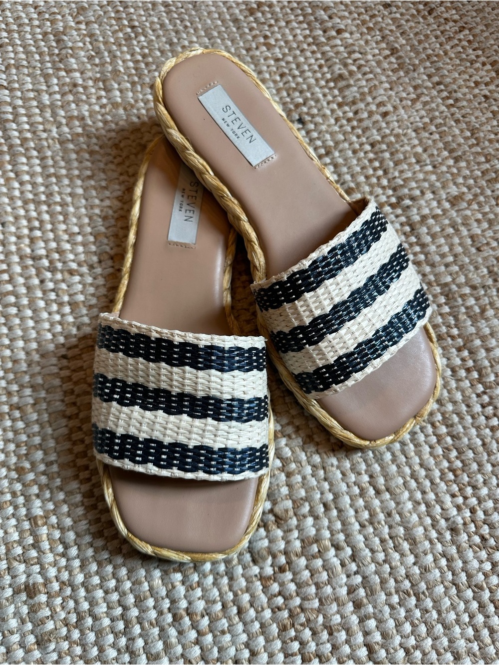 STEVEN by Steve Madden Navy & White Striped Slide Mules with Braided Trim
